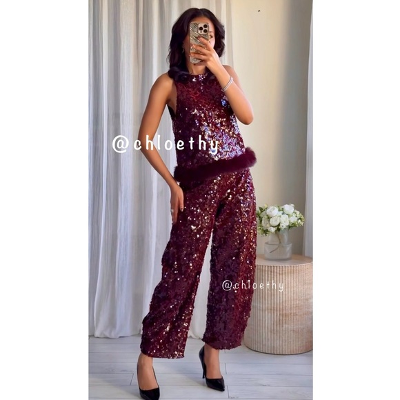 Zara Burgundy Sequin Pants - Picture 2 of 11